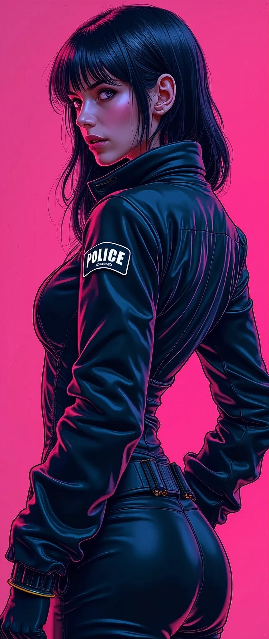(masterpiece:1.2),(Highest quality),(Super detailed),(Ultra-high resolution),(Best illustrations),8k,wallpaper,(1 female),whole body,(Female illustration,3d,psychedelic,Neon color,Vector art,Layered textures),Futuristic police officer,cyber punk,sf,Super sexy