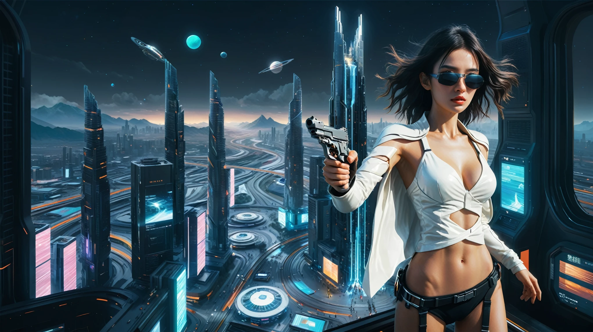 Brightly colored abstract aerial view image of a futuristic railway station with a spiral, a (((((futuristic train))))) passing by, epic beautiful space sci-fi, chaotic cinematic space rift, Greg Beeple, planets colliding, Beeple and Tim Hildebrandt, Beeple and Jean Giraud, end of the universe, galaxy space sci-fi, ringworld, by Mike "Beeple" Winkelmann. Matrix style, (((((Matrix cascading code))))), (((((a futuristic twin tower skyscraper with a unique twisted design))))), (((((OLED GUI interfaces in the building))))), at night, (((((1girl, solo))))), photo realistic, (((large-breast:1.2 body, cleavage))), (((off broken mini sling-shirt and black sling bra, extreamly short pleated miniskirt exposing panty))), (((((running pose))))), (((((((matrix style black micro sunglasses))))))), ((((((((((aiming with a short gun)))))))))), (((((looking at camera))))), (((very low view))), (((((half-body thigh level medium shot))))), (((cinematic lighting))).