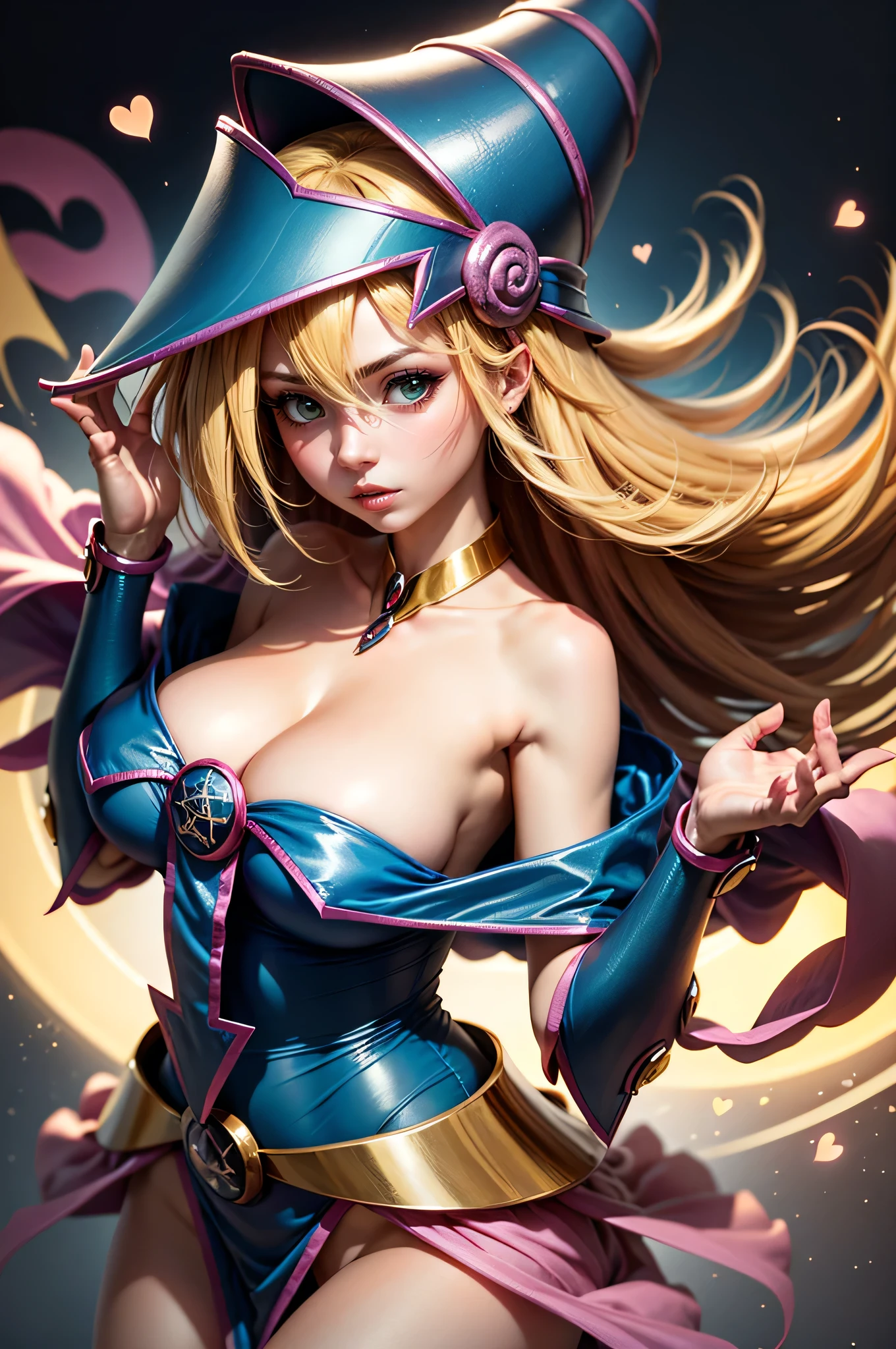 (masterpiece:1.2), (The best quality:1.2), perfect lighting, Dark Magician Girl casting a spell,full body ..in his twenties, floating in the air, visible medium tits, transparent neckline, blue robe, big hat, from above, Sparkles, Yugioh game, The magic of the heart. LIGHTS OF THE HEART, romantic heart. dragon battle