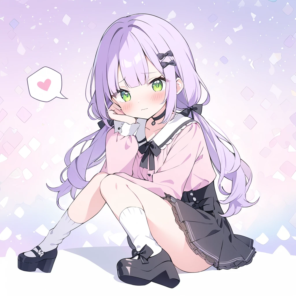 ((best quality, high resolution)), (delicate illustration), (pastelcolor style illustration:0.7), (watercolor style illustration:0.4), ((beautiful:1.3)), 4k,
1 cute woman, green eyes, (head rest, sitting
:1.3), embarrassed, blush, wavy mouth , (closs hair pin, pink shirt, cosplay, jirai kei, bangs, black skirt, black bow, looking at viewer, bow, long sleeves, choker, ribbon, thigh-high socks, and platform shoes, completed with a cute hair clip.), low twintails, pale purple hair, small breast, spoken hearts, (((fancy background:1.3))),