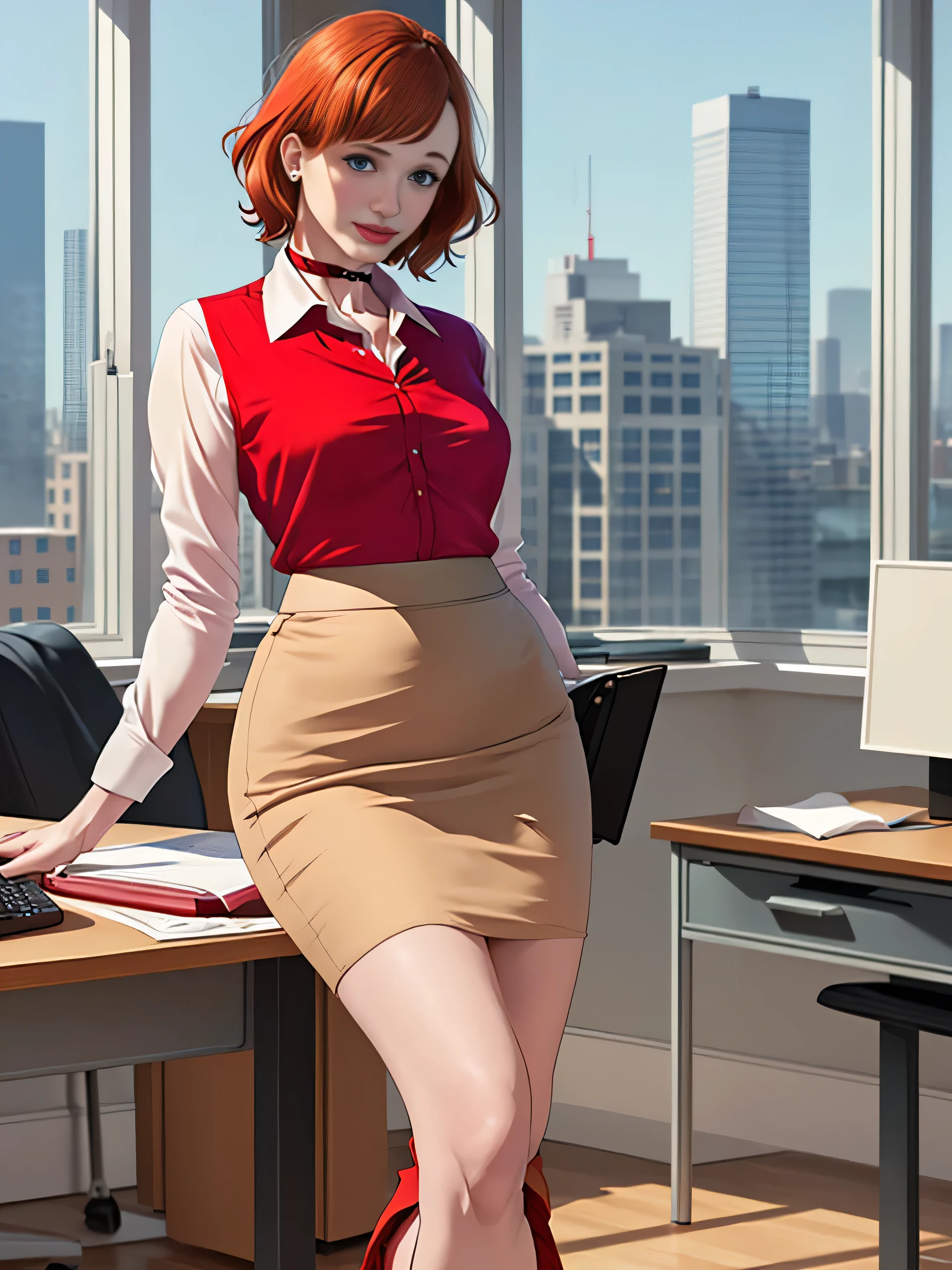 Christina Hendricks, (Christina Hendricks:1.5), masterpiece quality, (masterpiece quality:1.3), detailed, realistic, (realistic:1.3), 1girl, solo, (solo:1.9), alone, in a 1960s office, office desks in background, window of cityscape in background, short hair, wearing choker collar, secretary, wearing a red blouse, (red blouse:1.9), wearing a beige skirt, (beige skirt:1.9), thin body, small breasts, (small breasts:1.5),