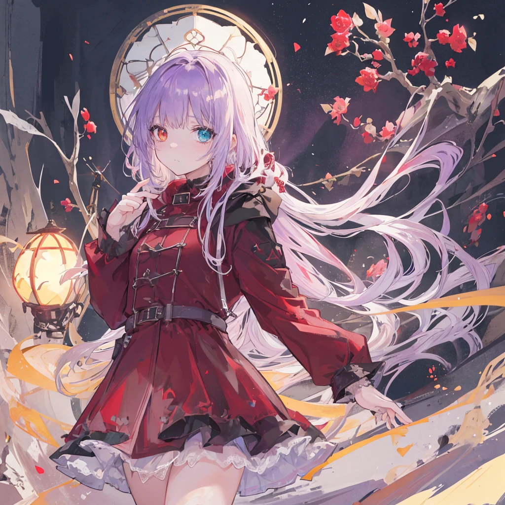 ((sand漠, sand, sand丘, Refraction effect, sun)), (masterpiece, best quality), (1 Girl), (Solitary), ((portrait)), Perfect face, ((Heterochromia, Blonde and purple hair, ((Red Long Parka)), Gothic unnecessary belts everywhere, Mole under the eye)), the background is a beautiful sand漠 with cactus, Tumbleweed, Movie Lighting, sunny day, Dramatic Lighting, Ultra Detailed, 8K, watercolor, Delicate, Beautifully (Gothic lace, Gothic Rose, Gothic aesthetics)