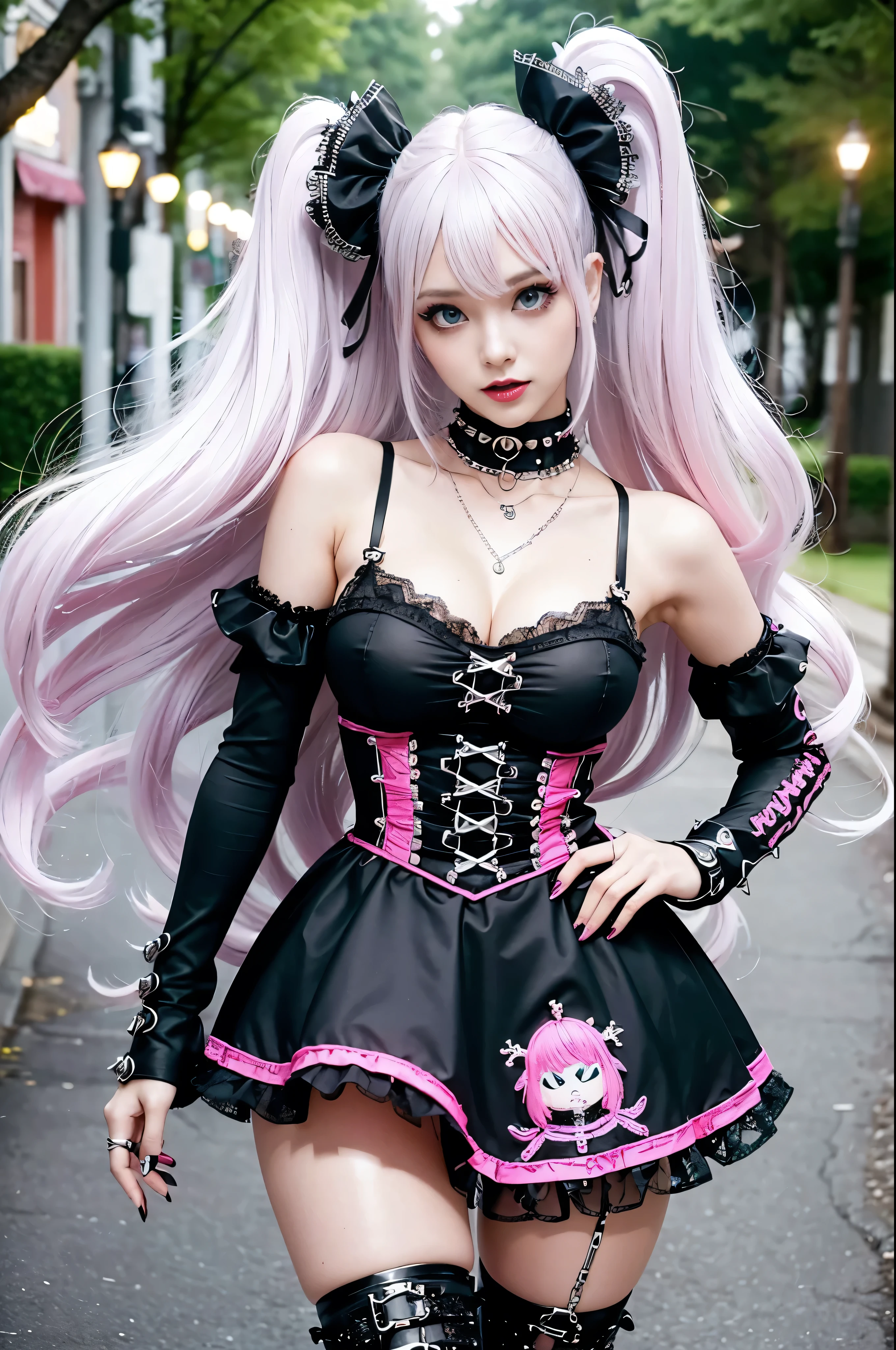 sexy and elegant swedish model, only 1 female, ((doll appearance)), long sleek neon pink hair, ((shiny punk style boots)), (big smile), Ultra detailed eyes, punk makeup, lipgloss, ((cosplay sexy punk ta)), unconventional skirt, petticoat, High neckline, ((Ultra detailed lace)), ((ultra detailed embroidery)), intricate details, tartan patterns, (silver chains), (Silver Peaks), (not to be missed), Punk loliccessories, Punk lolita cr, ((Big, shiny Punk Lolita jewel, cinematic light, detailed background of a large park with trees