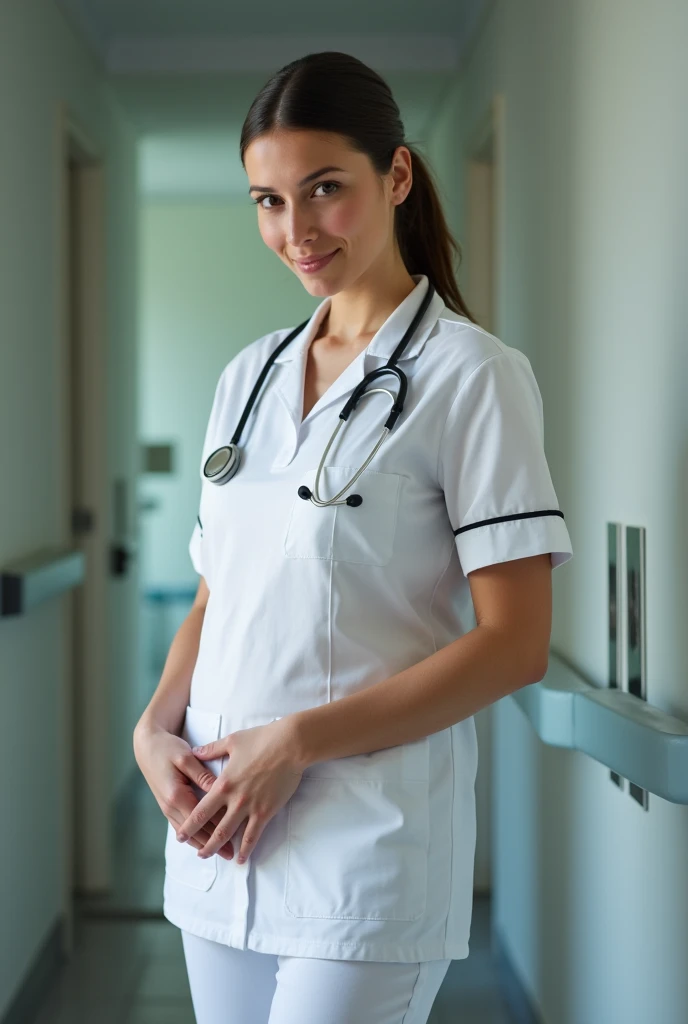 A nurse in a white uniform masturbating