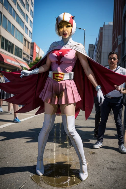 (masterpiece,best quality:1.2),highres,extremely detailed, intricate details, (full body), front view, looking at viewer,
ANI_CLASSIC_jun_gatchaman_ownwaifu, jun the swan,
solo, 1girl, a stunning young adult female standing, slender, narrow waist, (huge breasts, cloth bulge), detailed face, detailed eyes,
visor, helmet, white cape, elbow gloves, white gloves, belt, thighs, white legwear, superhero, short dress, pink dress, pink leotard, pink skirt,
(peeing self,urine puddle,desperate pose for peeing,desperate face),
photo background, outdoors, downtown, (crowd in background),