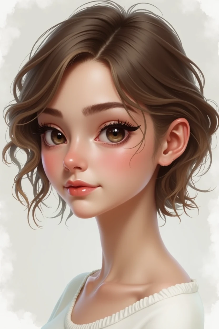 Create according to reference: a 22 year old woman, white with short, wavy light brown hair, small dark brown eyes with drooping eyelids,  big, pointy, thin nose, small mouth thin lips small rounded face.