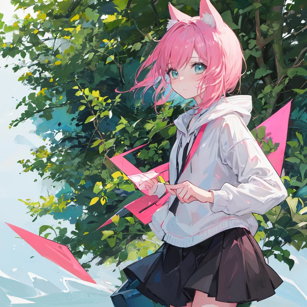 1 Girl, animal_ear, slope, slope_background, green_background, Watching_exist_Viewer, pink_hair, JM Solo