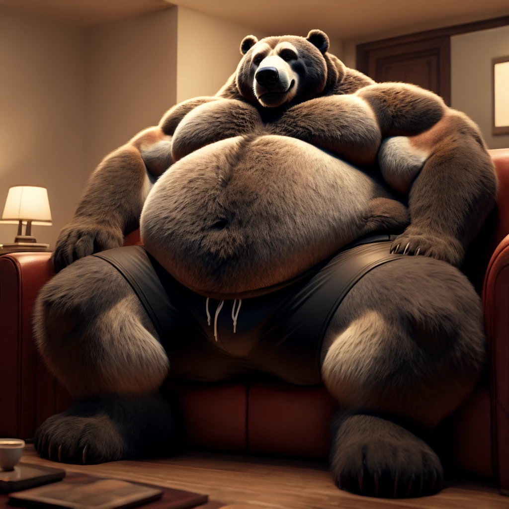 Fat Huge Daddy Furry Black Grizzly Bear Bigger belly and large chunky body and Belly wearing Black Shorts and sitting on the sofa and his Belly is Big, Huge and Furry