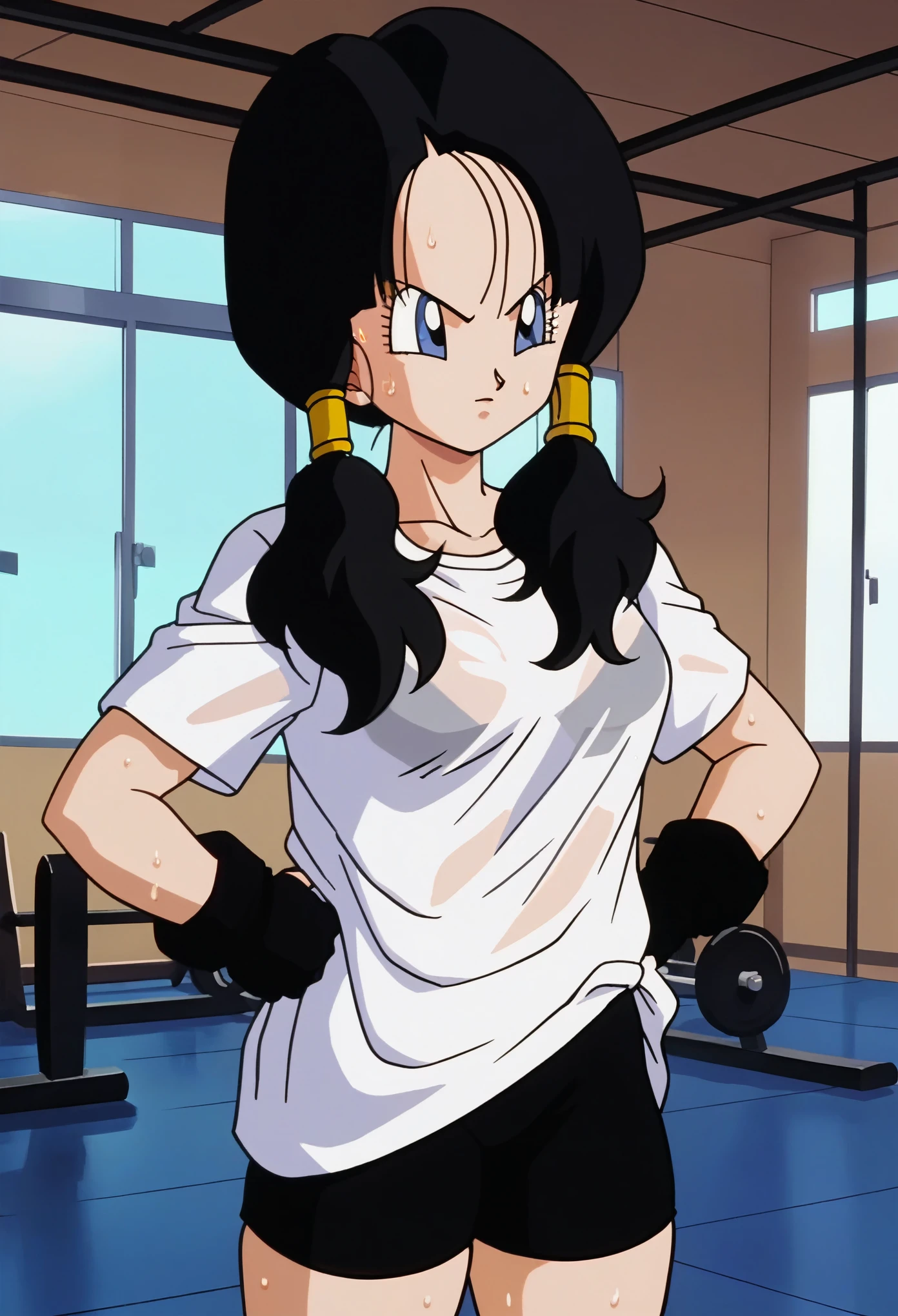 source_anime, score_9, score_8_up, score_7_up, anime screencap, 90s style,
videldbz, 1girl, solo, long hair, blue eyes, black hair, ponytails, (black bra), thick thighs, white shirt, contryside, fingerless gloves, black shorts, ((sweat)), (((gym))), wet t shirt, hands on her own hips