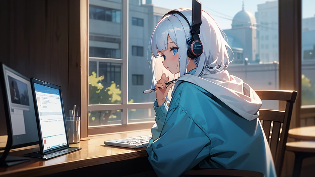 Best quaility, masterpiece, 4k, at night, A girl with white hair with blue eyes and around middle school age was wearing a hoodie, cheek cane, she wears a headset, she is facing the PC and not facing me, so I can't see her face, she is in a cafe which has sunlight shining in the building, working on something on her note PC