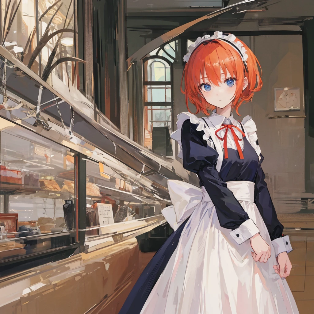 masterpiece,best quality,Japanese cartoons,(2D:1.2),indoors, ,  1 Girl, roswaal mansion maid uniform, Solitary, maid, Blue eyes, short hair,bow hairband, Hair between the eyes, Separate sleeves, Looking at the audience, Red hair band,Ribbon, Bangs, look back, bow, Orange Hair,red Ribbon, Black sleeves, window, Long sleeve, apron, white bow, Ruffles,Ribbon trim,A faint smile, own hands,