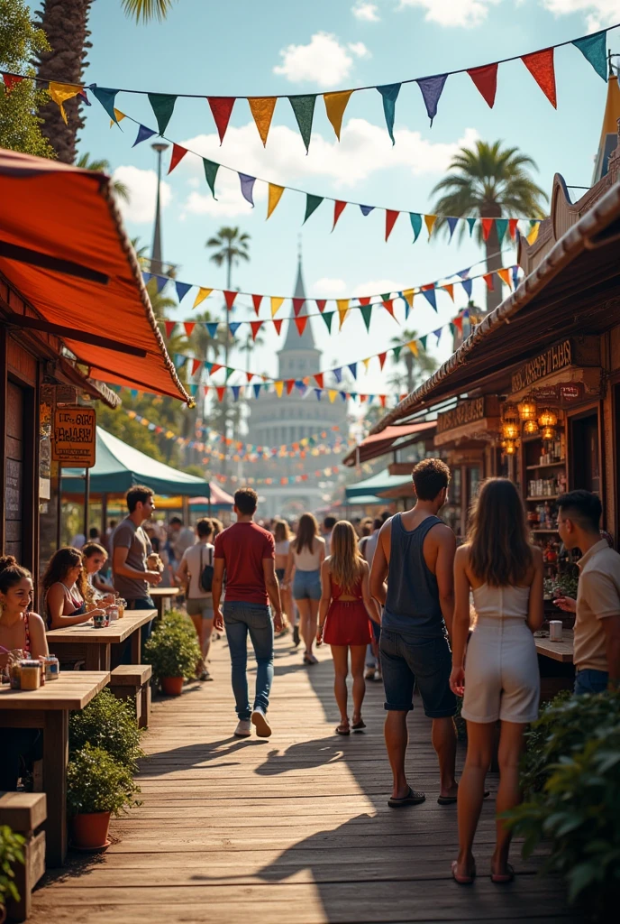 A fair with a corner coffee shop that uses one side of it as an area to take memorable photos for customers. Focus on the area of photography and realistic photography.