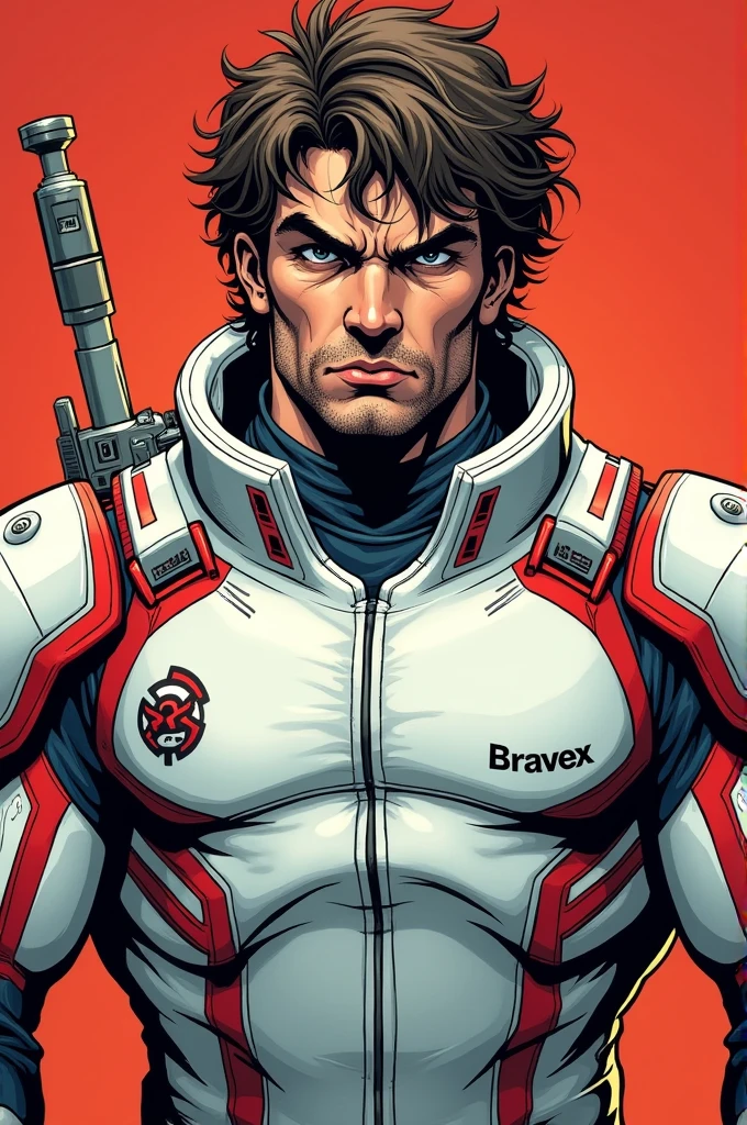 Male comic book style character with the appearance of a 45 year old man with an intimidating face and curly hair. With a white space military suit with red detail with an emblem on the shoulders that says bravex.