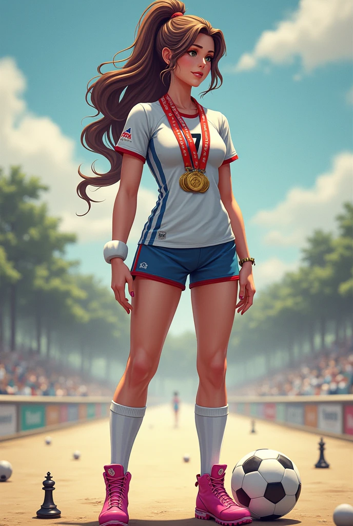 a brown woman, long wavy brown hair tied in a topknot, one meter and 60, more or less 65 kg, shorts number 7, number 7 shirt, high socks, pink boot, white band on the left wrist, with a soccer ball, a chessboard and many first place medals around his neck 