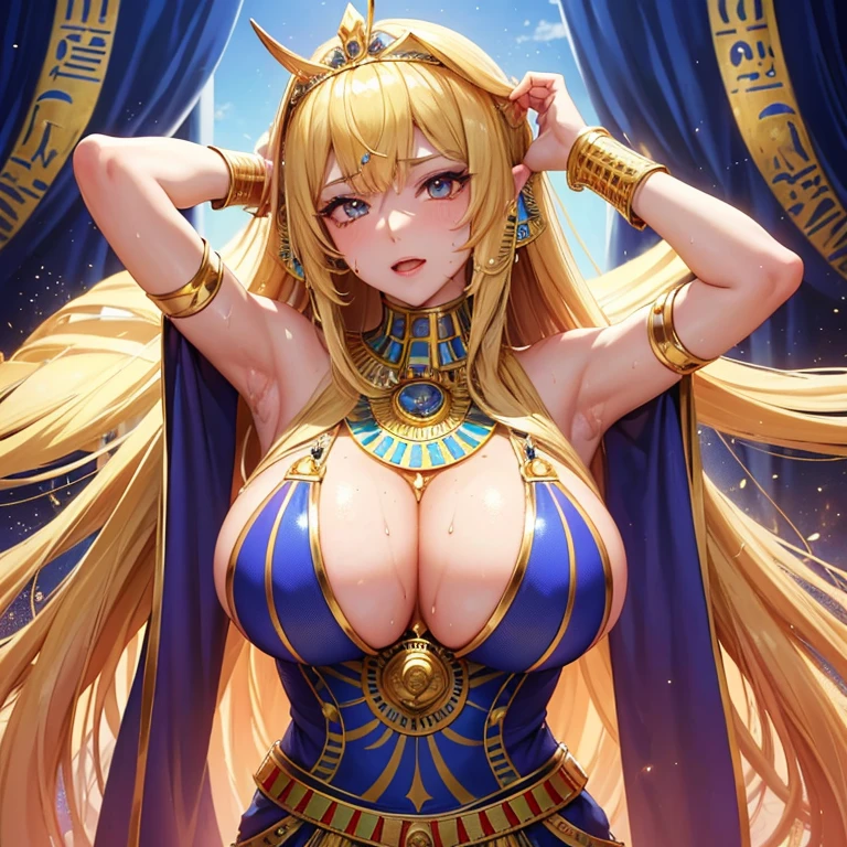 装飾的なGorgeousドレスを着た女性のクローズアップ, Flowers in hair, CG society hot topic, Fantasy art, ((Beautiful Fantasy Empress)), Beautiful Fantasy Empress, アニメのgoddess, Golden lotus princess, 8K high quality, detailed art, 美しく優雅なQueen, Beautiful Celestial Magician, Very luxurious, (((Sweaty,Sweat pours down,Beautiful sweaty armpits,Slimy and shiny armpits,Mature women showing off their armpits))),gem, nice, wonderful, Gorgeous, noble, Noble, arrogant, (Blonde), (((goddess))), Queen,Long Hair,Pharaoh,Cleopatra,(((Egyptian style decoration))),Glowing Skin, Saggy breasts, Huge breasts,,Cleavage,Provocative face,Perfect Face,