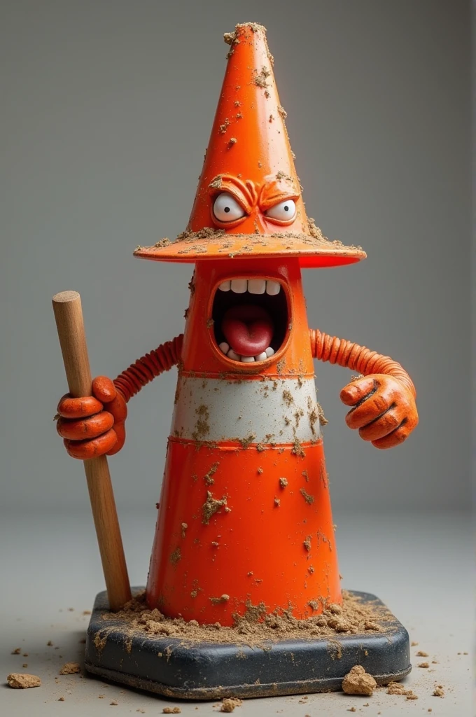 Create an angry traffic cone with a baton in hand