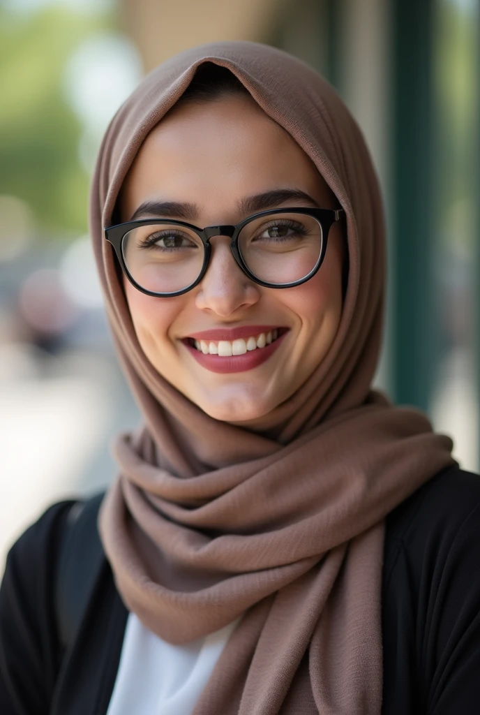 college woman wearing hijab, lipstick, and glasses smiling to camera; 4k; high quality