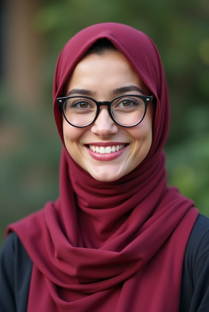 college woman wearing hijab, lipstick, and glasses smiling to camera; 4k; high quality