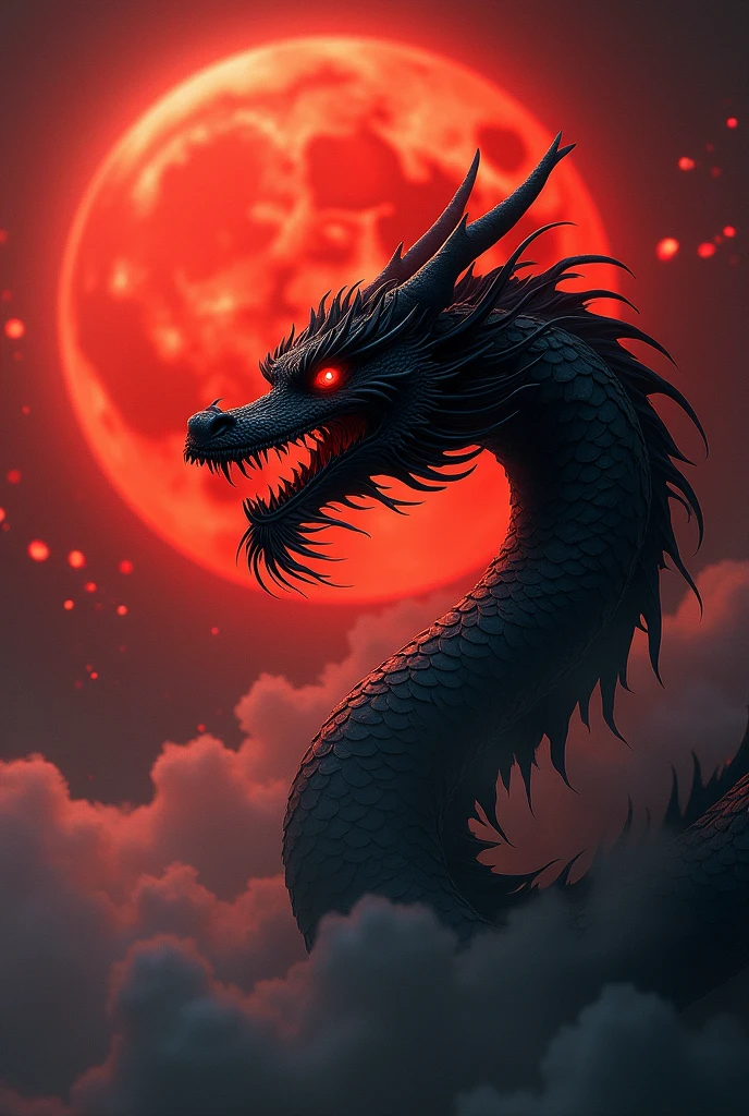 black chinese dragon.red eye.solemn.
fly sky.wings.oriental.long.so dark.red moon.