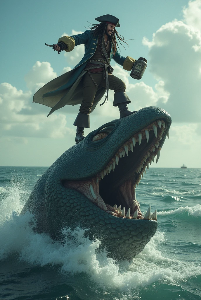Capitaine Jack Sparrow portant en l'air un bocal de terre sur le dos du Léviathan