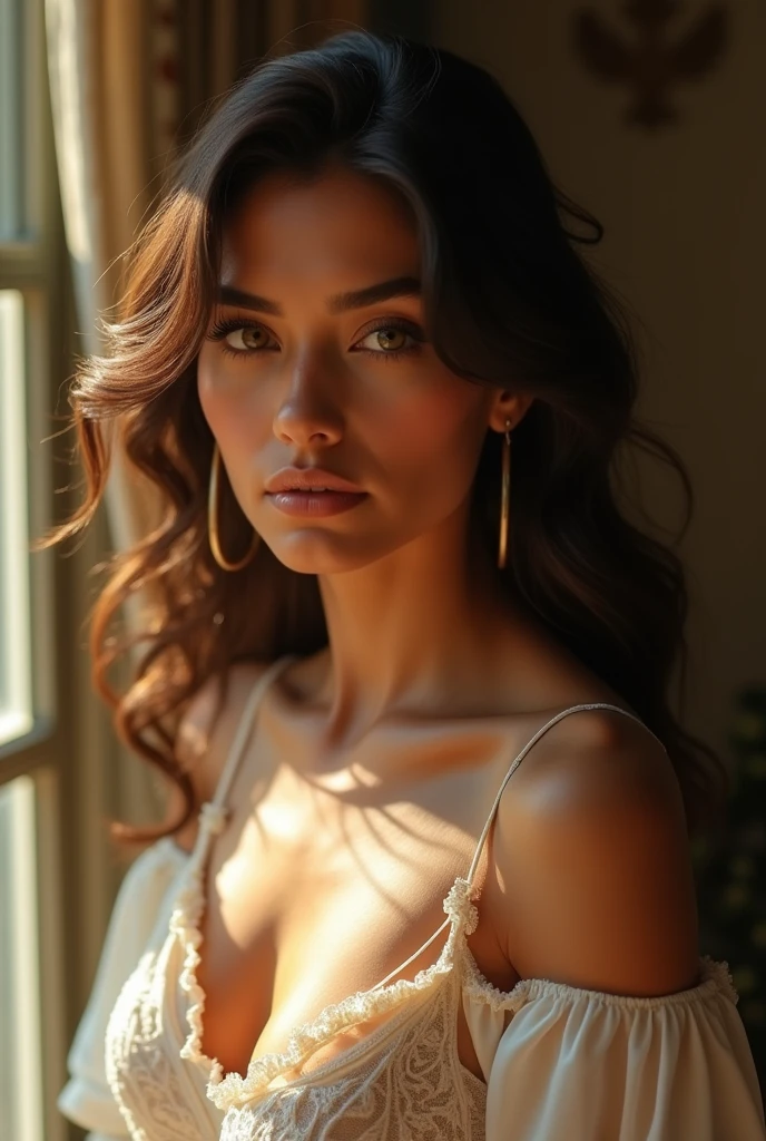 a beautiful mexican woman, full body shot, elegant dress, natural lighting, close-up of chest, calm expression, inner peace, outer charm, detailed face, high quality, photorealistic, 8k, intricate details, warm color tones, diffused lighting, cinematic, portrait