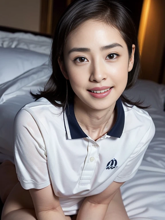 Masterpiece, Best quality: 1.3), (Ultra realistic, Photo-realistic: 1.2), From above, From side, Lying, Looking at viewer, Natural light, 28 years old actress, Japanese women, Neat and clean, (White tennis uniform, White short-sleeve polo shirt with darknavy line collar:1.2), (unbutton:1.3), (White tennis skirt:1.2), white sock, (Ponytail: 1.2), (Beautiful face), Oval face, clear, Beautiful eyes, Kind eyes, Clear skin, Small face, Beautiful mouth, Small mouth, Natural makeup, Approachable, (nsfw:1.2), Seductive smile, (Seductive pose: 1.3), (Beautiful thighs: 1.2), (Bedroom eyes: 1.2), Embarrassed, Blush, Luxury hotel Suite room, On bed,