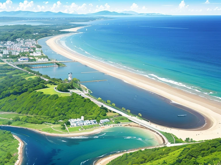 Marshland、coastal、River flowing into the sea、A peninsula with a lighthouse in the background