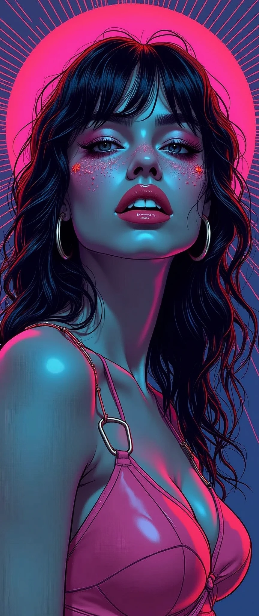(masterpiece:1.2),(Highest quality),(Super detailed),(Ultra-high resolution),(Best illustrations),8k,wallpaper,(1 female),whole body,The theme is atonement,psychedelic,Neon color,Vector art,Layered textures,progressive,pop,sf,cyber punk,sexy,Violence
