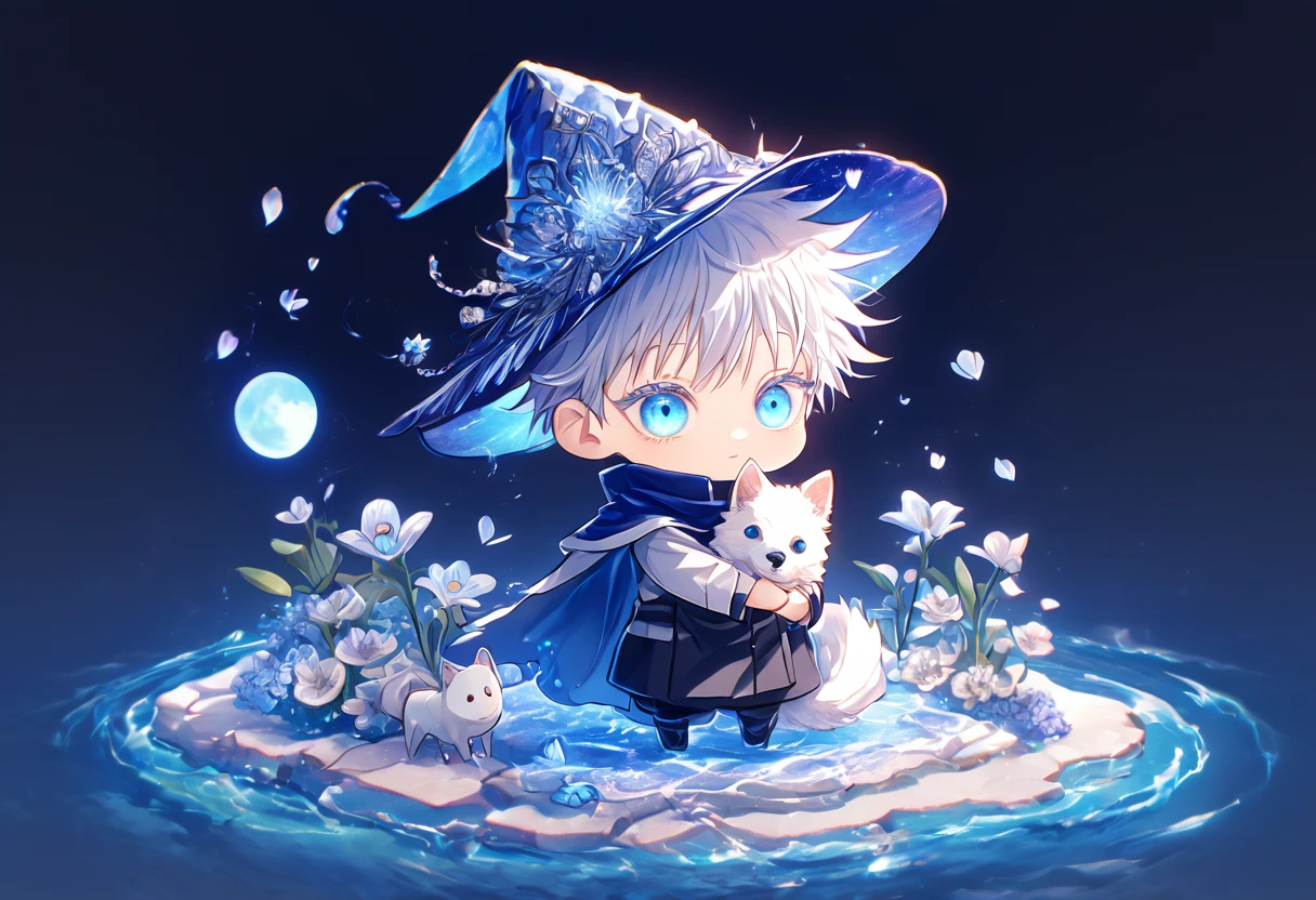 absurdres, highres, ultra detailed, HDR, master piece, Gojou Satoru as chibi, white hair with bangs, white eyelashes, expressive blue eyes, boy hugging a small wolf, white dog, expressive blue eyes, Jujutsu Kaisen, magical hat, cute, best quality, blue moon, flowers, fantasy, magical, solo, water, blue shining fireflies, blue petals, cape, the word "Krozseria" is written on his shirt, happy