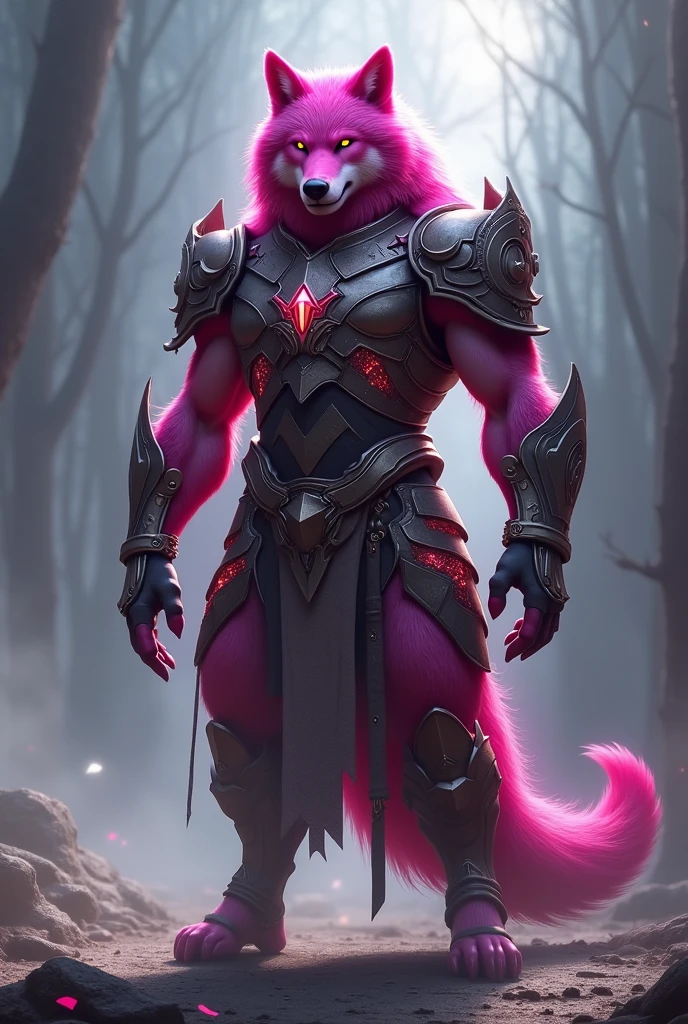 a dark pink wolf warrior orgulloso de su raza, highly detailed, hyper realistic, intricate armor, futuristic, bodyguard, cinematic lighting, digital painting, 8k, octane render, volumetric fog, dramatic pose, glowing eyes, sharp focus, photorealistic, studio lighting