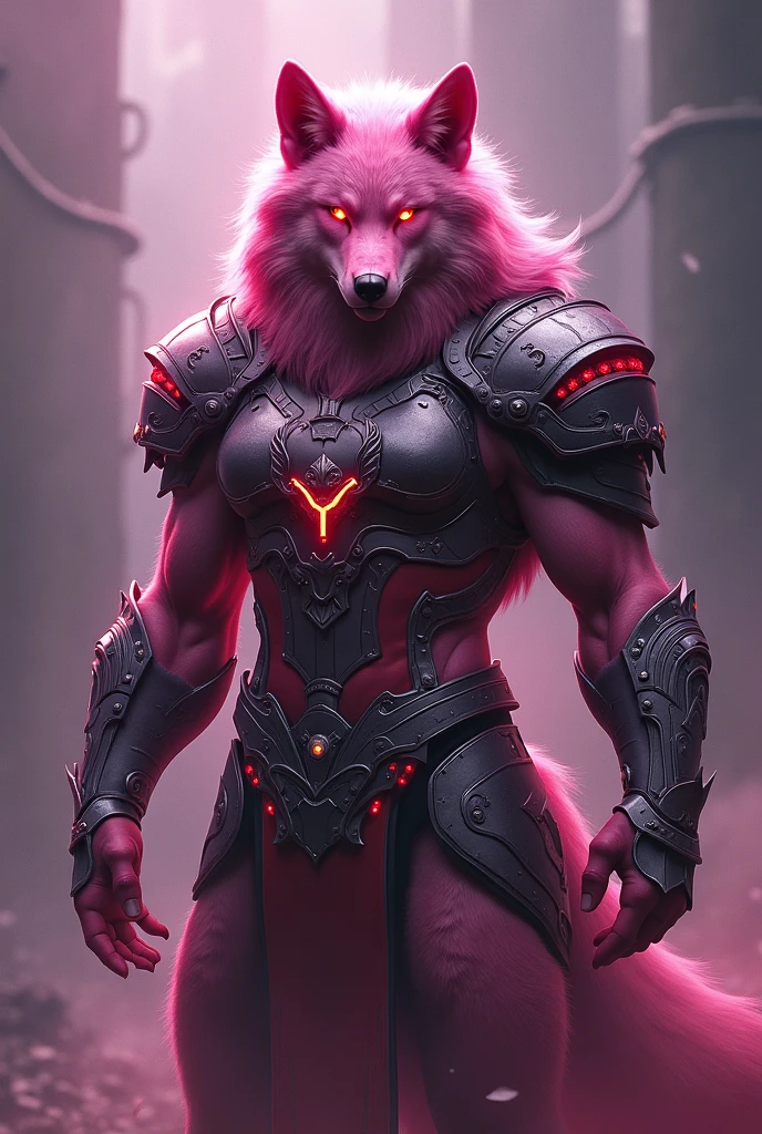 a dark pink wolf warrior orgulloso de su raza, highly detailed, hyper realistic, intricate armor, futuristic, bodyguard, cinematic lighting, digital painting, 8k, octane render, volumetric fog, dramatic pose, glowing eyes, sharp focus, photorealistic, studio lighting