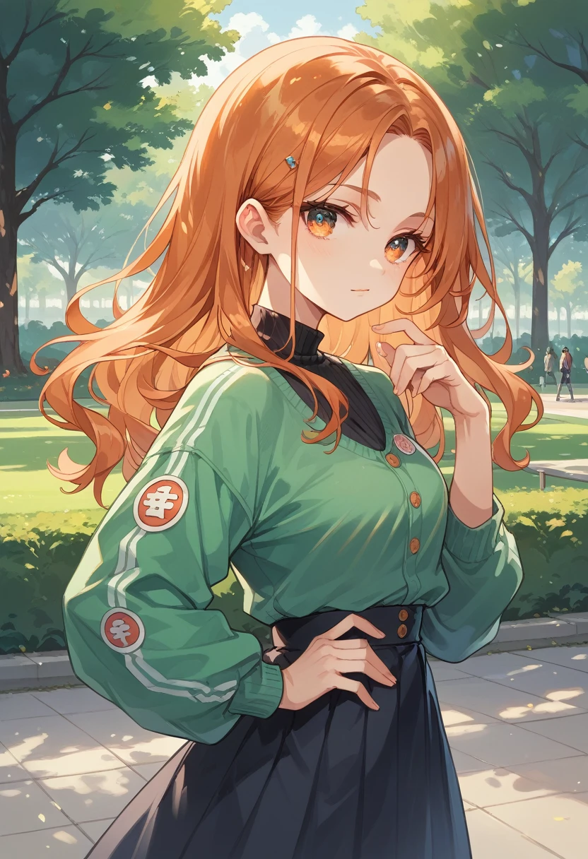 anime girl,  orange hair , ultra detailed, model clothes, ultra detailed, ultra detailed eyes, beautiful, park background, posing 
