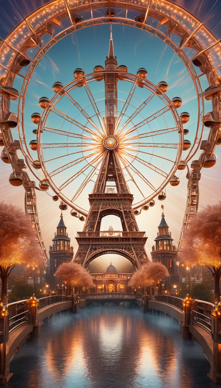 fusion of kaleidoscope, magic circle and Ferris wheel, four towers of copper-plated coils arranged on all four sides, shading effects, gradation magic effects, foggy filter effects, glitter effects, (ultra detailed, absolutely resolution, best quality:1.3), 2.5D, delicate and dynamic, artistic photography, hyper realistic, graphic CG digital fantasy art