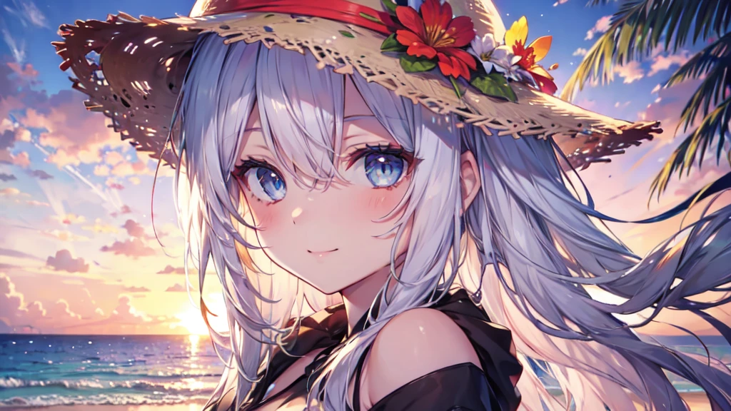 One Girl, long tied brunette hair, smile, blue eyes, Wink, View your viewers, Wear a bikini, flower straw hat, (Beach), (sunset), evening, masterpiece, 8k, Perfect lighting, Perfect outfit, Perfect Anatomy, Perfect Eyes, Perfect Face, Sharp resolution, (Face close-up)
