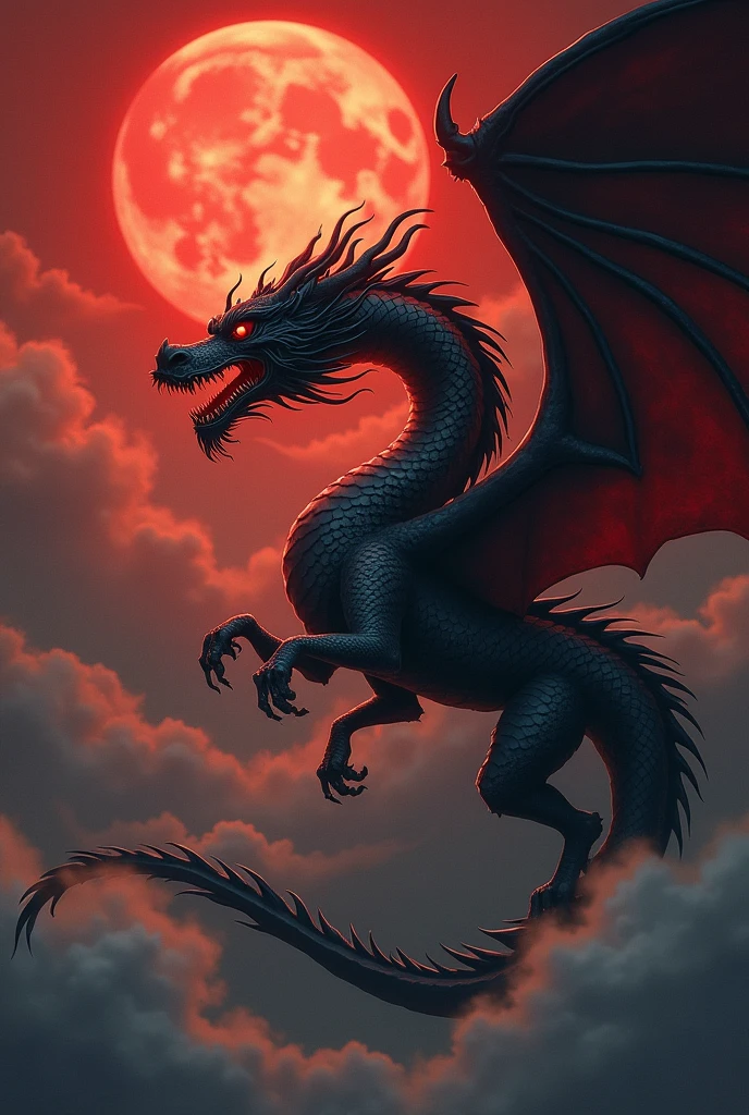 black chinese dragon.red eye.solemn.
fly sky.wings.oriental.long tail.so dark.red moon.