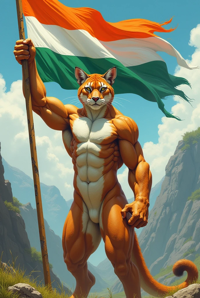 Generate me an image of a humanized puma, with a flag that first has the color orange, then the green and finally the white