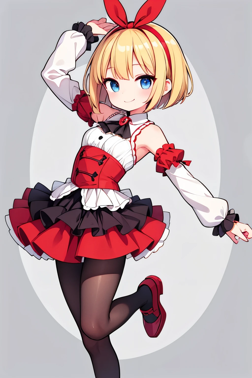 A girl with impressive blonde hair、hair ornaments、Short Bob、Black Pantyhose、No sleeve、hot pants、smile、Cute shoes with accessories、Red Hairband、Dynamic pose