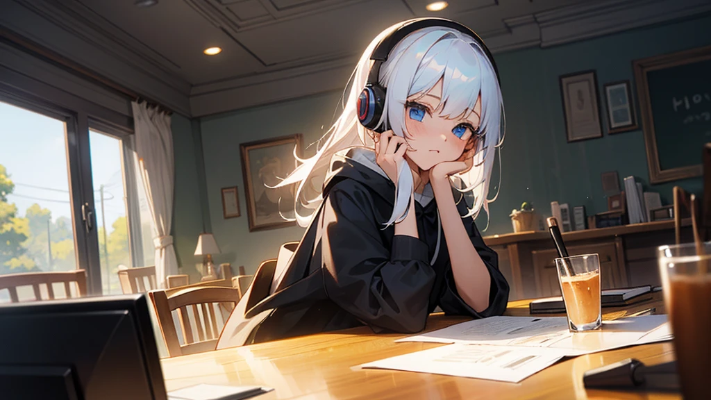 Best quaility, masterpiece, 4k, at night, A girl with white hair with blue eyes and around middle school age was wearing a hoodie, cheek cane, she wears a headset, she is facing the PC and not facing me, so I can't see her face, she is in a cafe which has sunlight shining in the building, working on something on her note PC