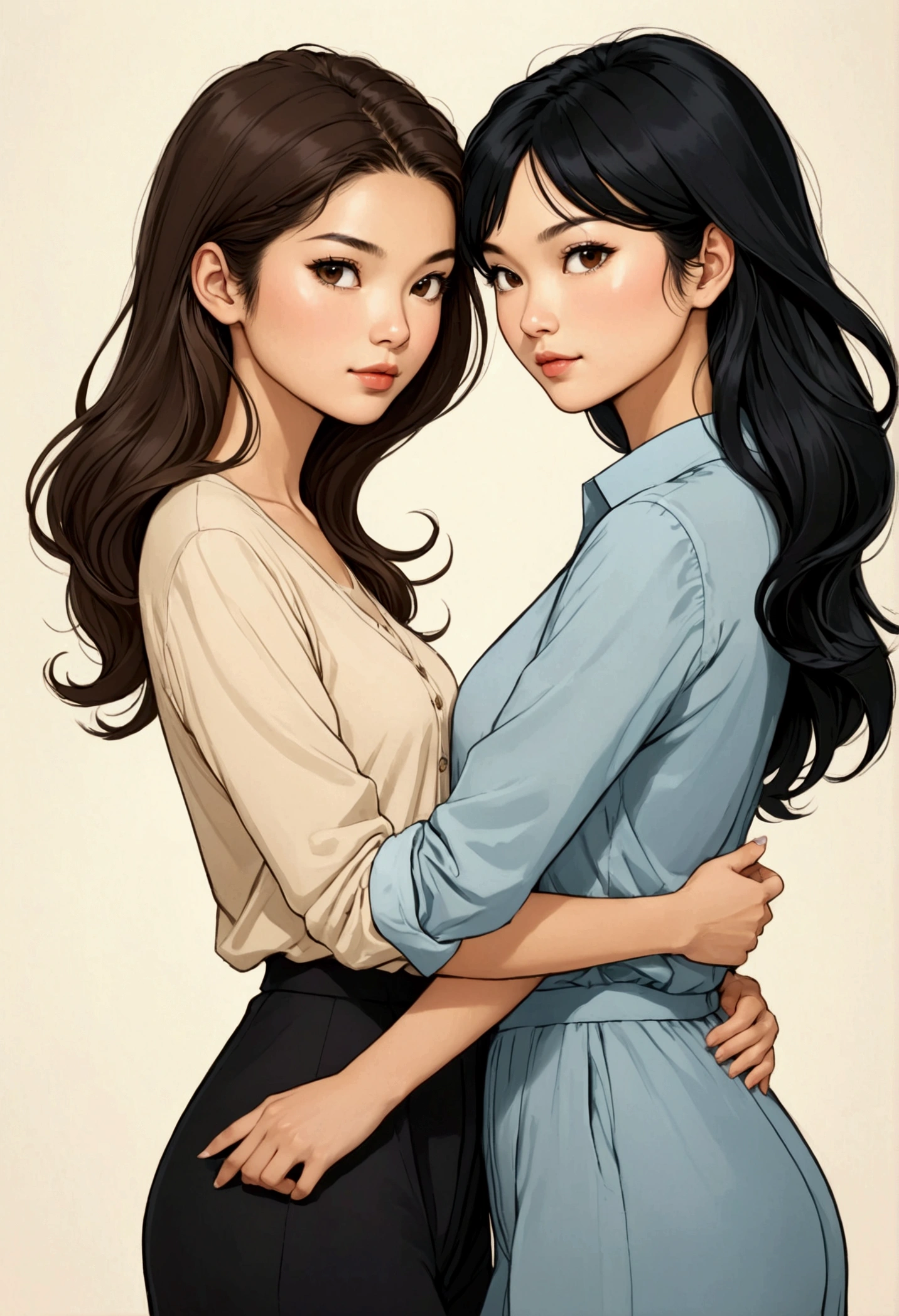 Two beautiful Sarah Kay style women very much in love, in a tender attitude towards each other, one British, with semi-short light brown hair and the other Asian woman, with long black hair, both dressed modern and casual.