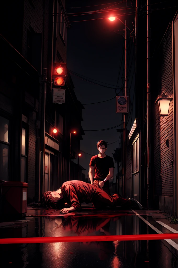 A 25-year-old man is lying motionless on the street, with blood pooling from a head injury, indicating a recent accident. A car backlight behind, its red taillights glowing ominously in the fading light of the evening. The road is slick with blood, reflecting the eerie red glow. The man is dressed entirely in black—his shirt, pants, and shoes blending into the dark, wet pavement, emphasizing the grim scene. The atmosphere is heavy with the aftermath of the accident, as the day transitions into night, adding a sense of tragedy and solemnity to the moment.