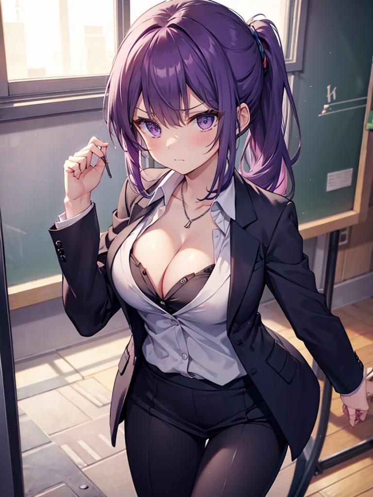 ponytail, (((Cleavage))), (((teacher, adult woman))), (((solo))), purple hair, ((((business suit)))), shirt, (((look down))), angry, whip, Slender, classroom, leggings, tight skirt, underware
