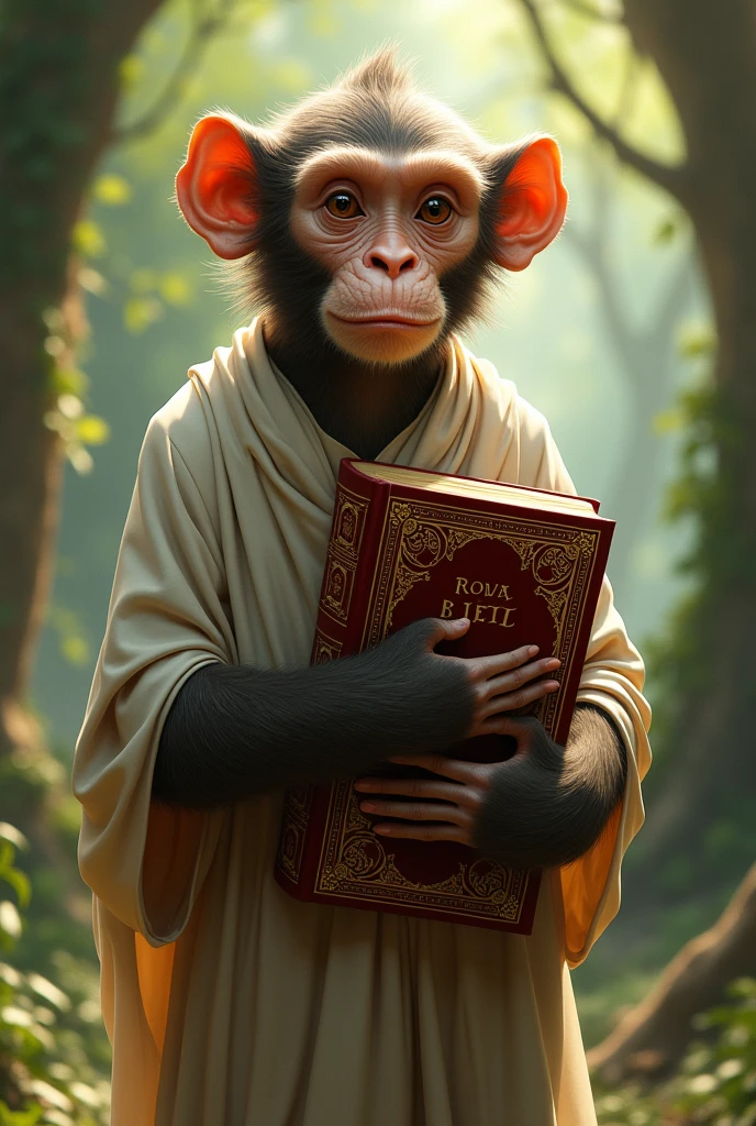Create a picture of a monkey carrying the bible