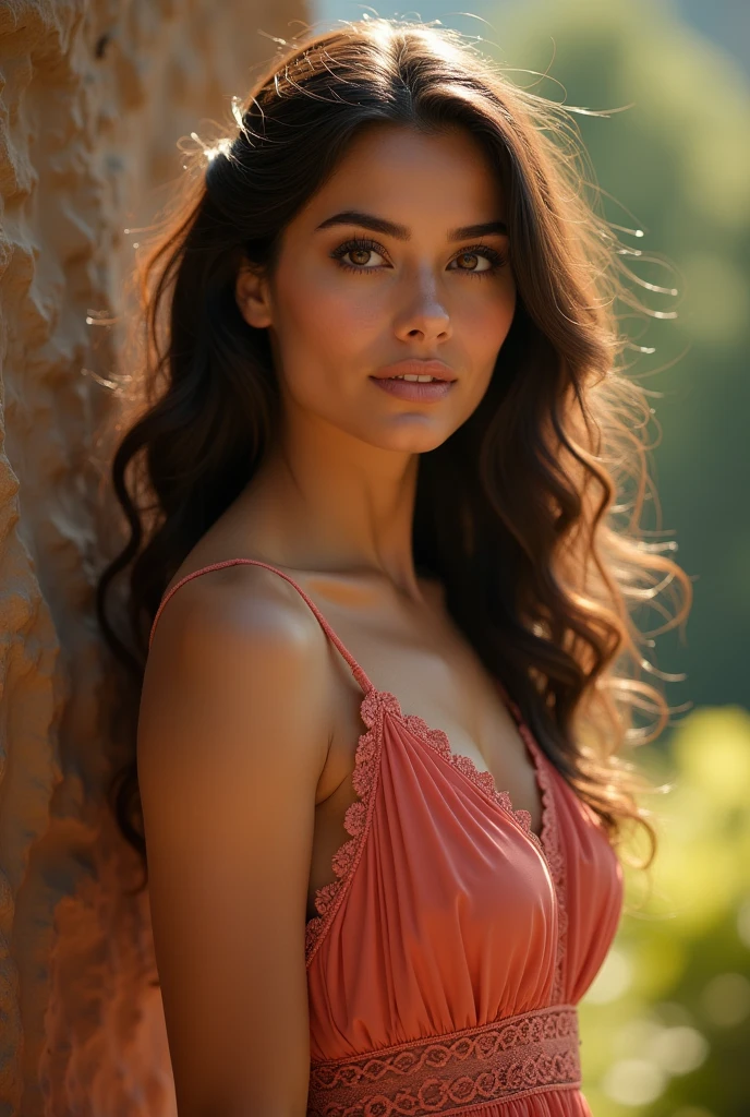 a beautiful mexican woman, full body shot, elegant dress, natural lighting, close-up of chest, calm expression, inner peace, outer charm, detailed face, high quality, photorealistic, 8k, intricate details, warm color tones, diffused lighting, cinematic, portrait