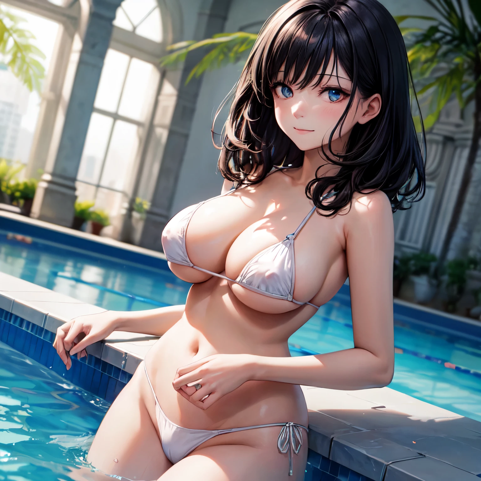 nsfw,(masterpiece,best quality,ultra detailed,high resolution),(daytime,clear weather,bloom),looking viewer,((cowboy shot)),((solo)),(beautiful woman),(black hair,medium hair,straight hair),(beautiful detailed face,beautiful detailed eyes,fair skin),light smile,(micro bikini,white bikini),(large breast,sagging breast,medium hip,large alreola),on the pool,