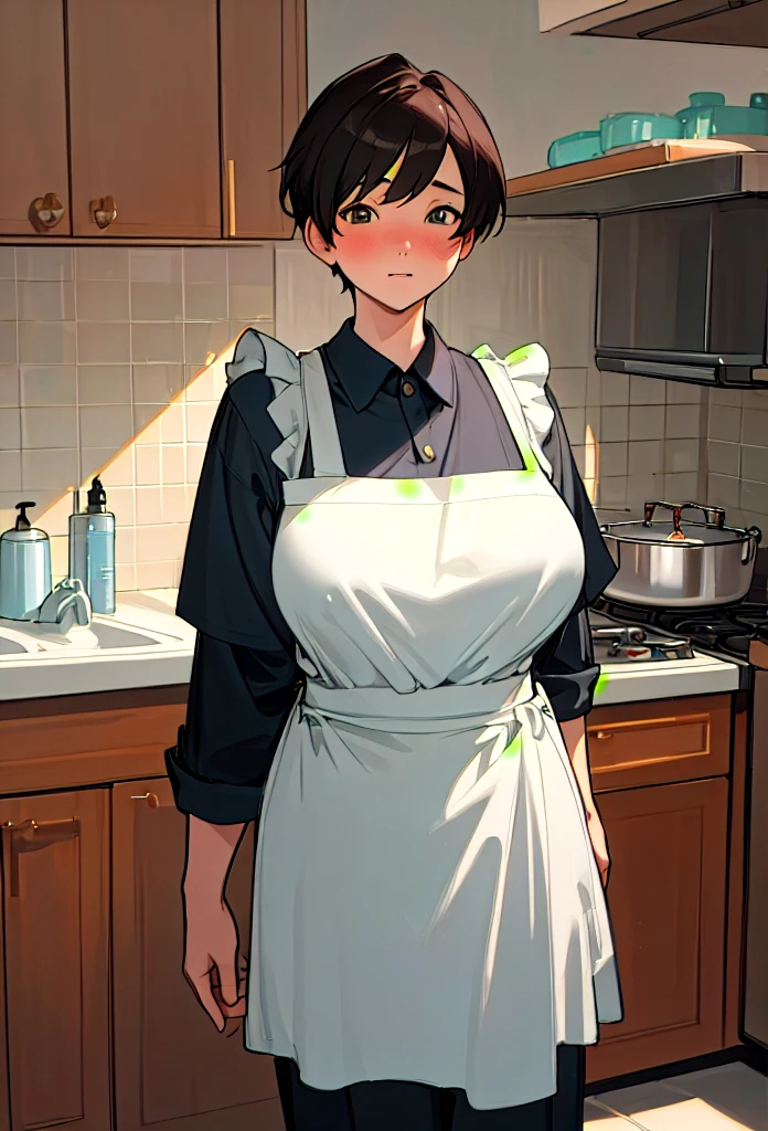 Big Tits,One mother,One elementary school-aged son,High resolution, accurate, Highest quality, Anatomically correct, accurate, High-resolution model, Ultra high definition, Wearing a thin lace apron,Naked under the apron,In front of the kitchen sink(((I'm doing the washing up))),Blushing, smile,