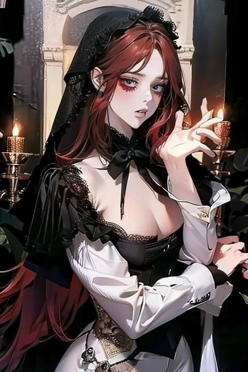 She is a remarkable woman, with long red hair that contrasts with her gothic look. Seus olhos penetrantes, highlighted by dark makeup, and her prominent lips reflect a mixture of mystery and indifference. Wearing a white dress shirt and a black tie, her silhouette is defined by rounded breasts and a firm butt. The tattoo on his neck and the cigarette in his hand reinforce his defiant and carefree attitude., conveying an image of someone who lives by their own rules with confidence and power.