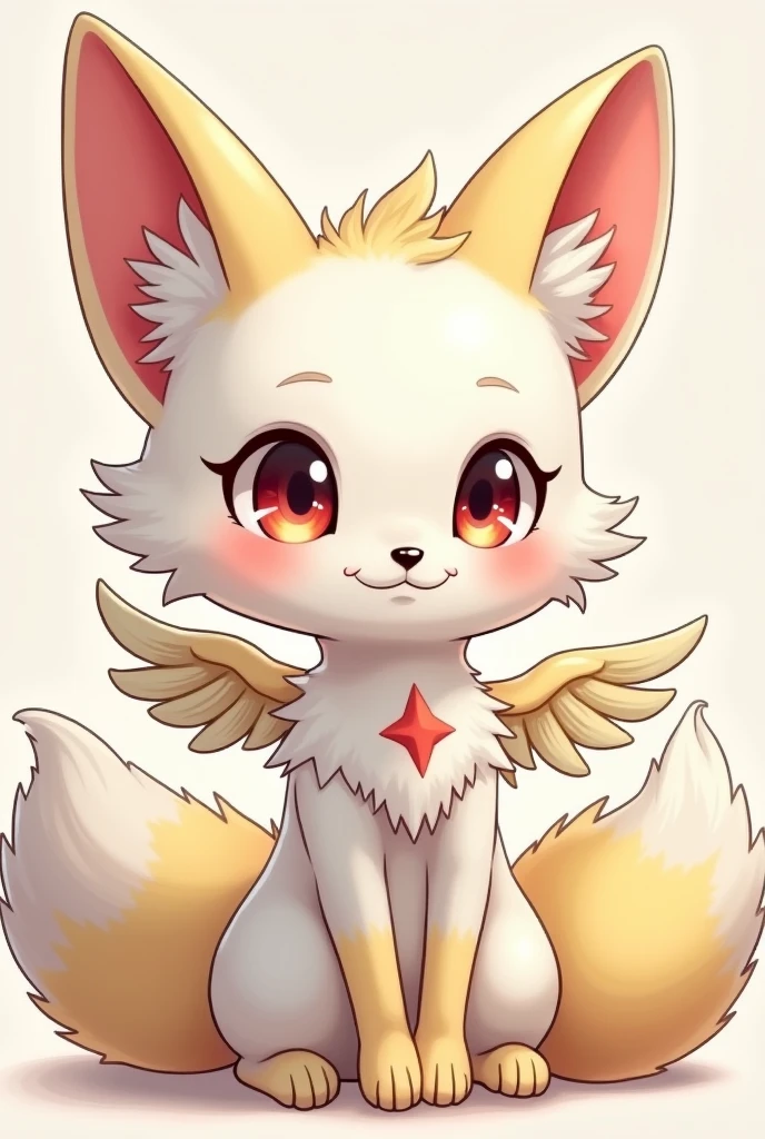 an anthropomorphic animal furry fox fennec fox ghost angel and kitsune, the color is all white a little yellow, the color of blue colored eyes is pink, baby female, jojos style, cute appearance, pink white yellow hair, ángel wings, big fur, ancient kitsune tattoo, fluffy paws, belly a little big,