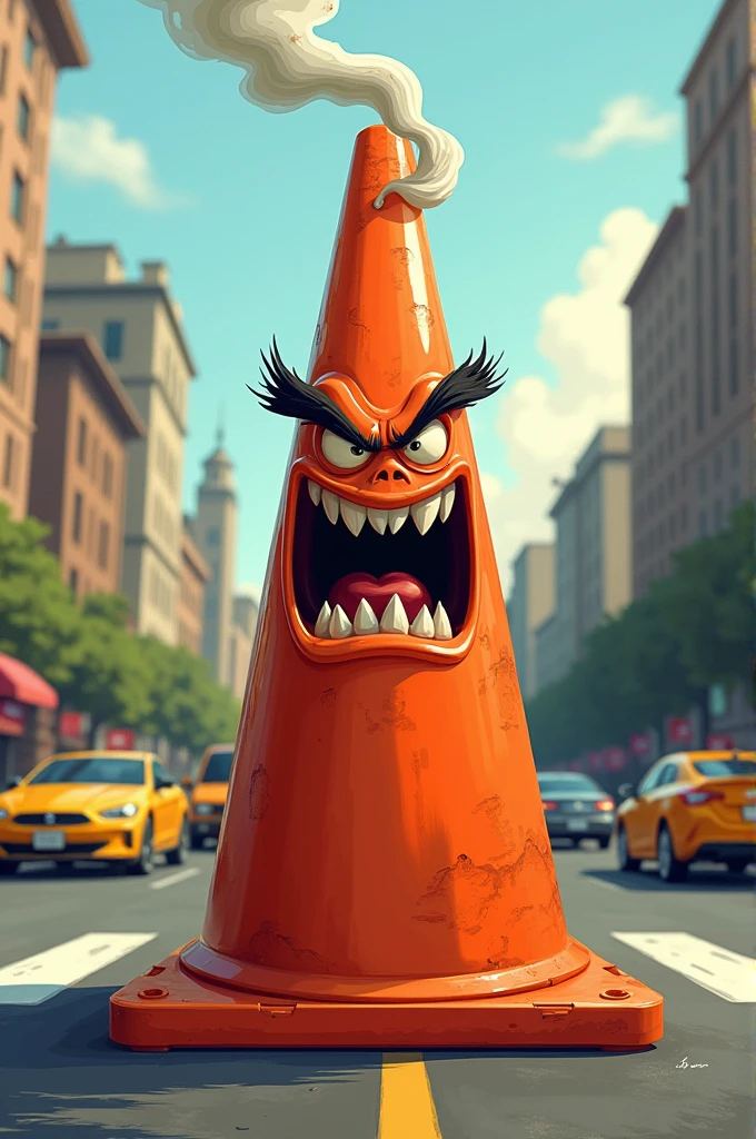An angry traffic cone