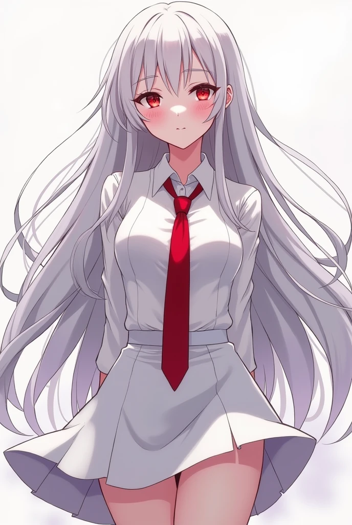 Anime girl with long white hair and red eyes wearing a white skirt and red tie