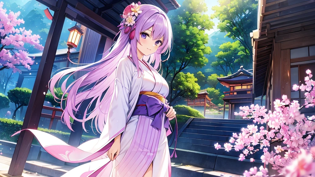 woman clear Light purple hair kimono Anime Style Japanese-style garden